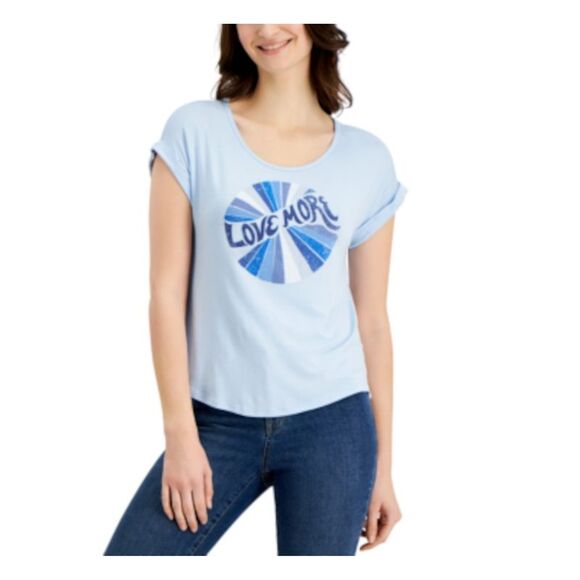 STYLE & COMPANY Tops - STYLE & COMPANY Womens Blue Printed Cap Sleeve Scoop Neck T-Shirt Petites PS